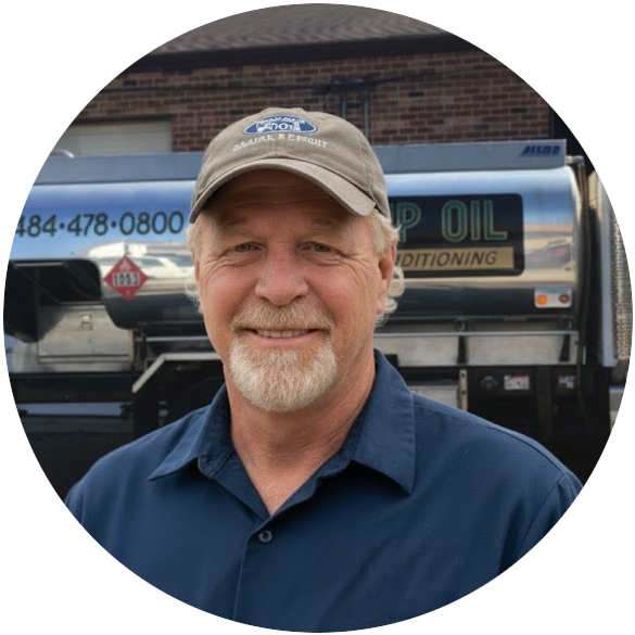 Danny Maginnis, owner of Township Oil, in front of the delivery truck